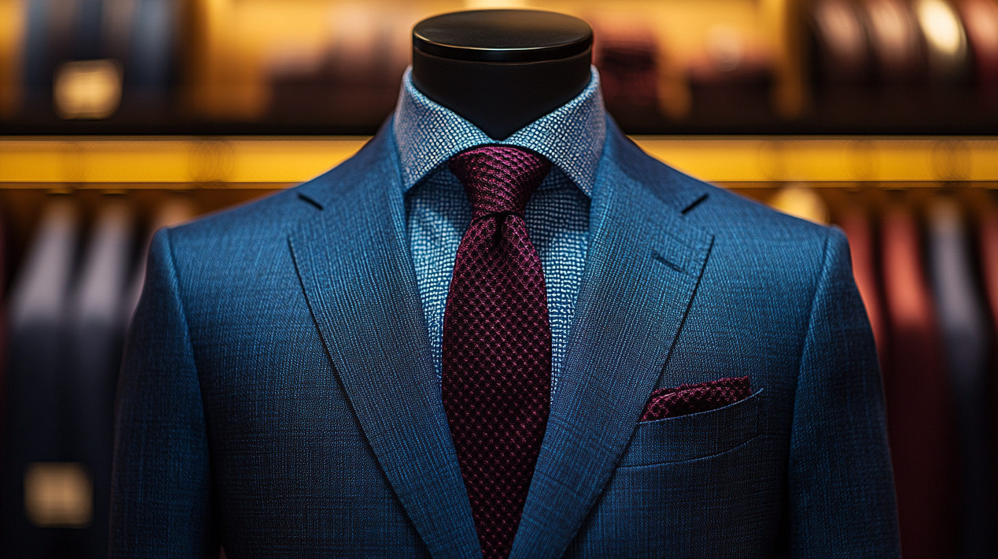 A mannequin showcasing a dark blue suit with a deep burgundy tie. The rich burgundy tie stands out against the blue suit, adding a touch of warmth and refinement. The soft, ambient lighting highlights the tie’s luxurious texture, giving a warm and sophisticated vibe to the outfit.