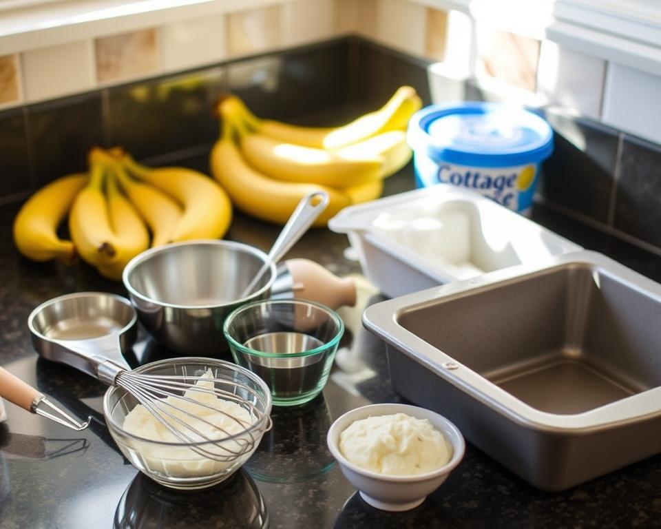 Easy cottage cheese banana bread baking tools