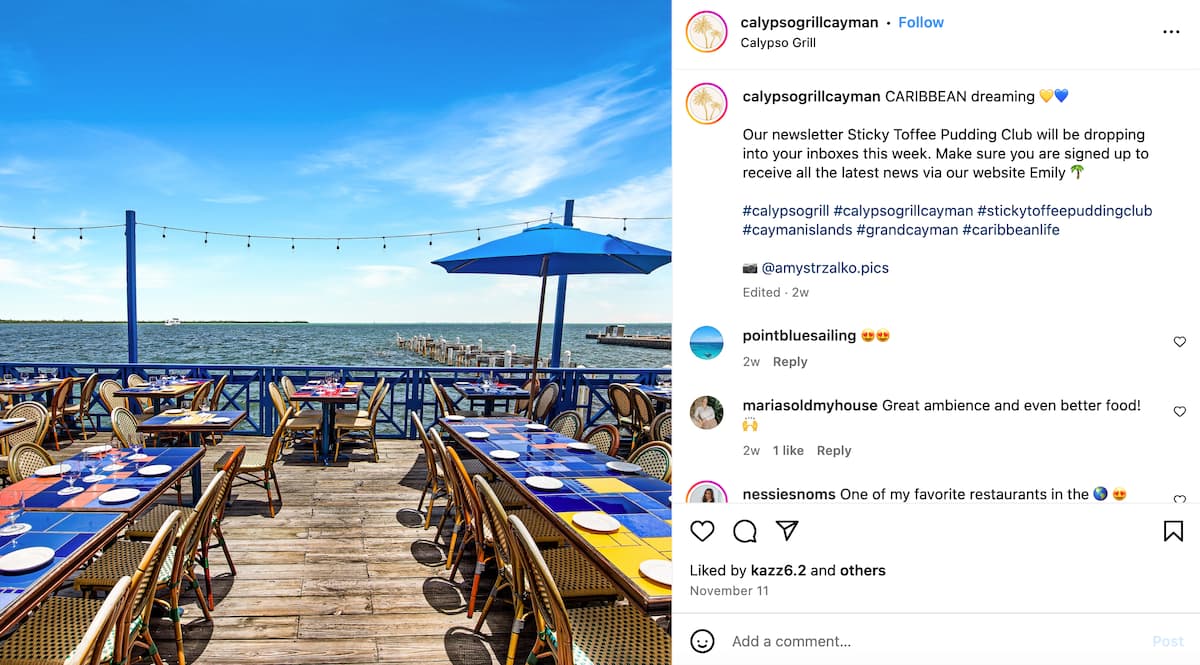 Instagram post of the outdoor seating at the Calypso Grill on Grand Cayman which is perfect for newlyweds to dine at on their honeymoon