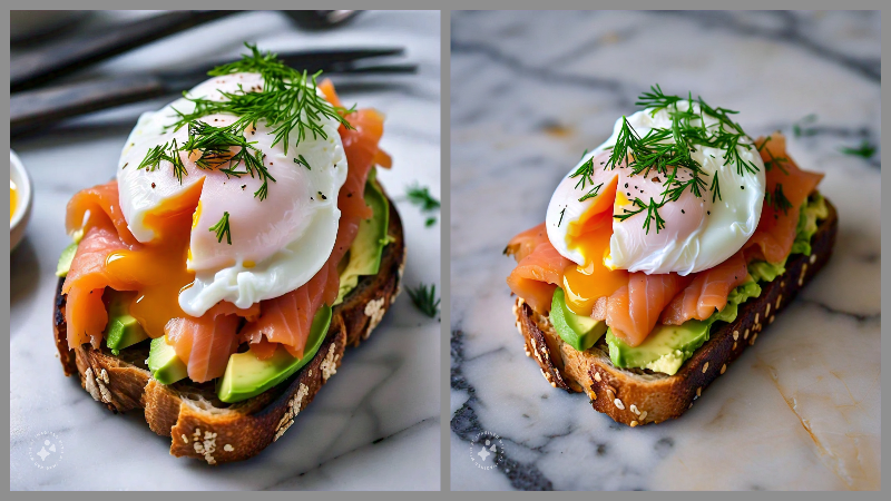 An open-faced sandwich with whole grain bread, avocado, smoked salmon, poached egg, and dill on a marble countertop.