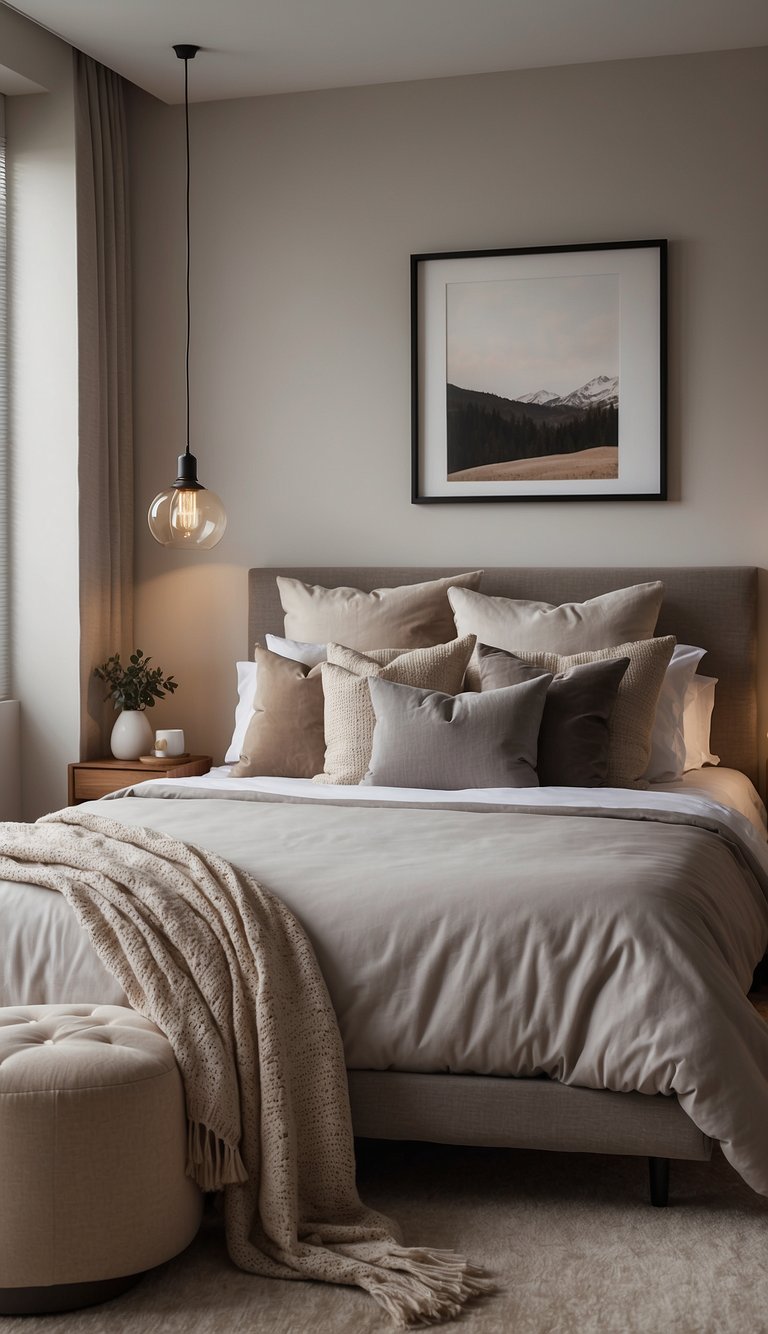 A cozy bedroom with neutral tones. A simple wall art piece hangs above the bed, adding a touch of elegance to the space