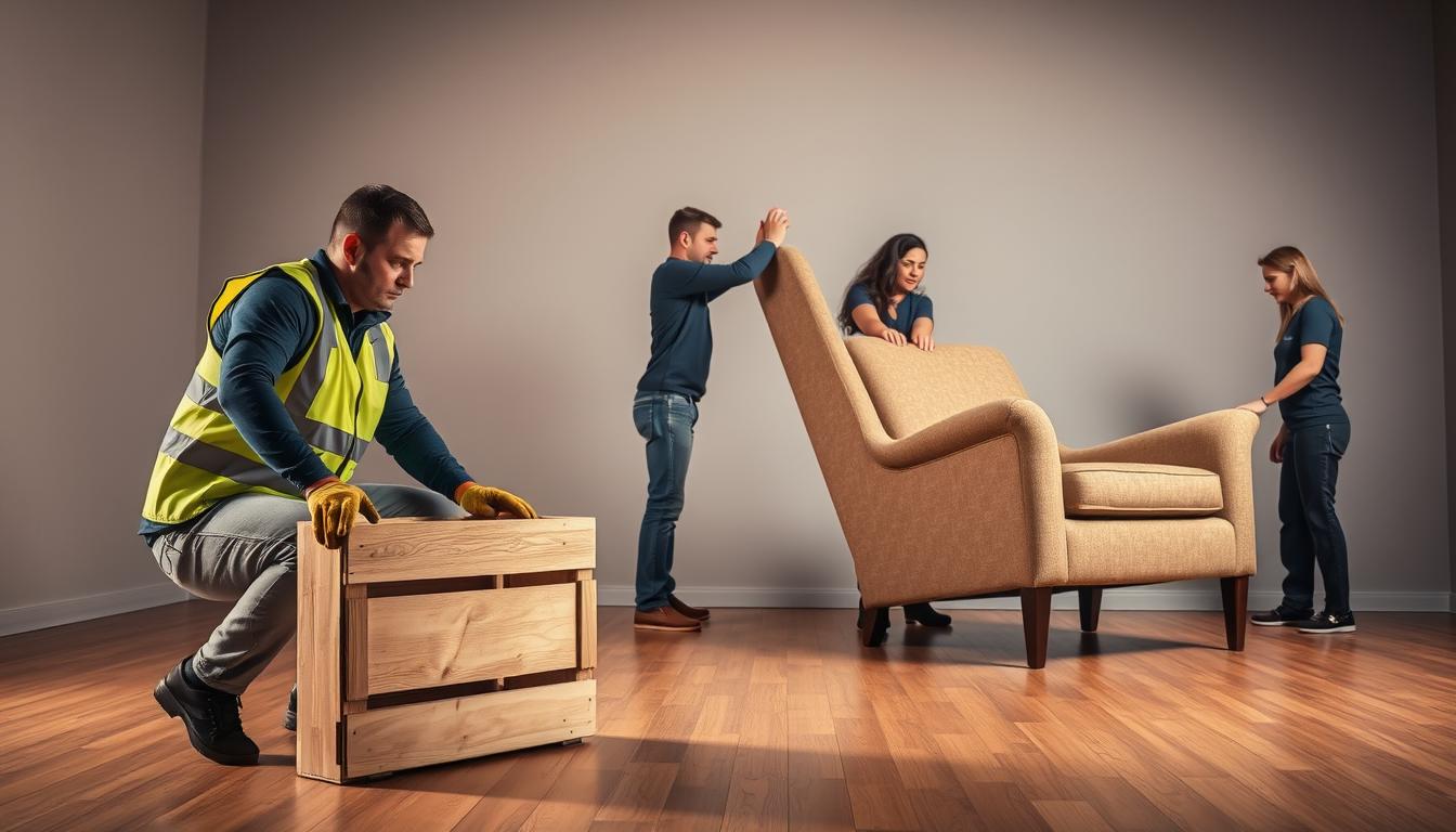 A well-lit studio scene depicting proper lifting techniques for furniture. In the foreground, a person wearing a safety vest and gloves is shown squatting down with good posture, grasping the edges of a wooden crate. The middle ground features two other people demonstrating the correct hand placement and leg positioning for safely lifting a large armchair. The background has neutral gray walls and a hardwood floor, creating a clean, professional environment. Warm, directional lighting illuminates the figures, showcasing the proper mechanics and form for handling various furniture items. The overall mood is educational, informative, and focused on workplace safety standards.