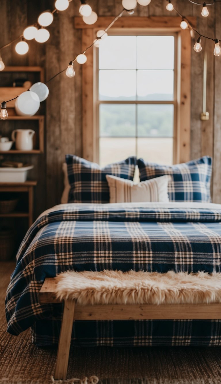 A cozy bed with plaid flannel sheets in a rustic farmhouse setting