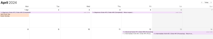A preview of the Calendar App for MacOS after the Dashboard Calendar of the Rental Products for WooCommerce extension has been configured.