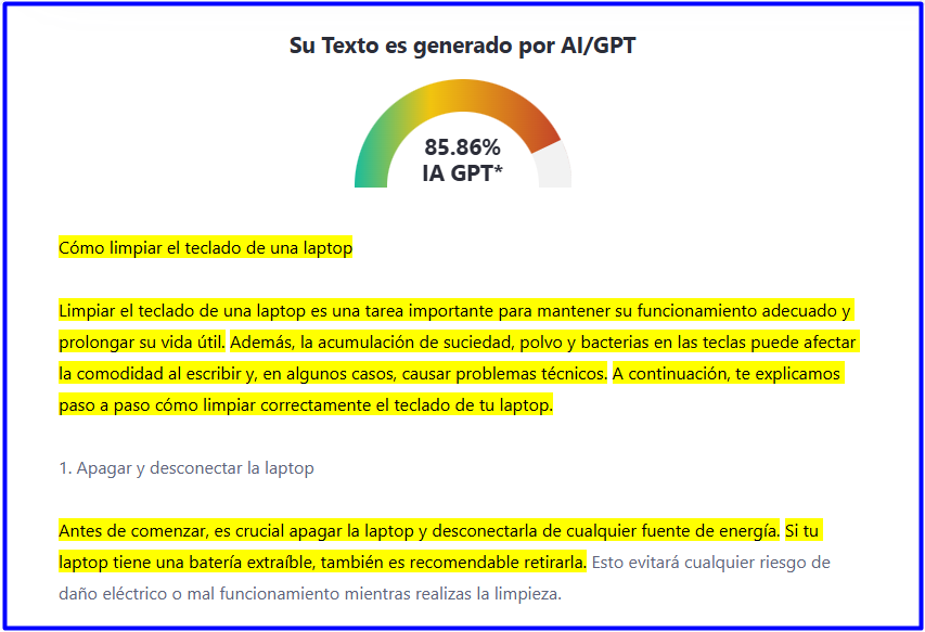 Puntuación de detección de IA en ZeroGPT antes