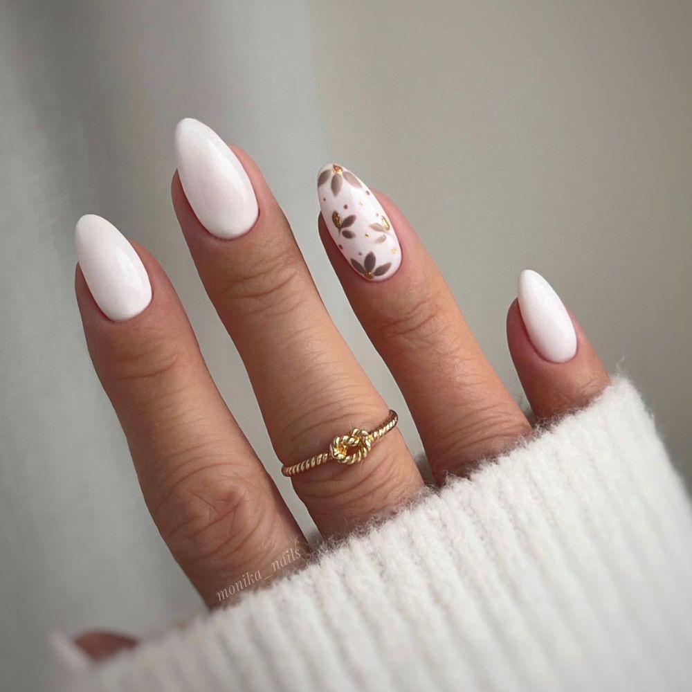 Simple White Nail Design having White Oval Nails