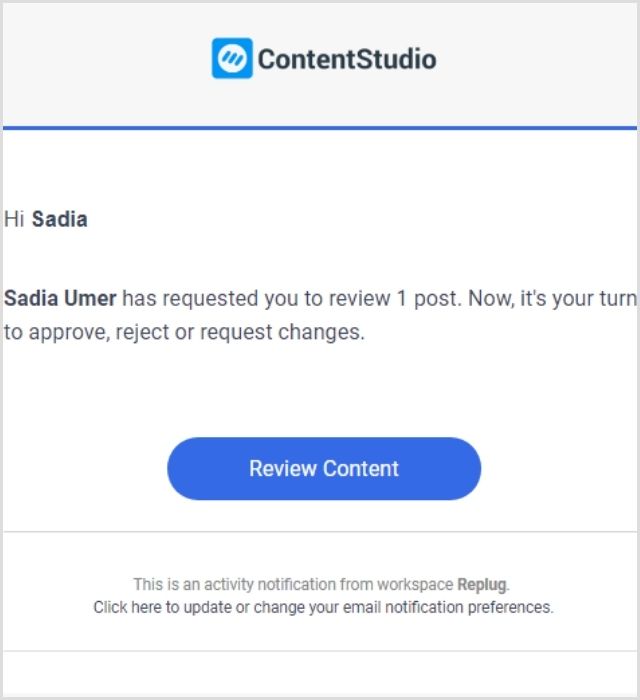 ContentStudio approval notification email requesting a user to review, approve, reject, or modify a post.