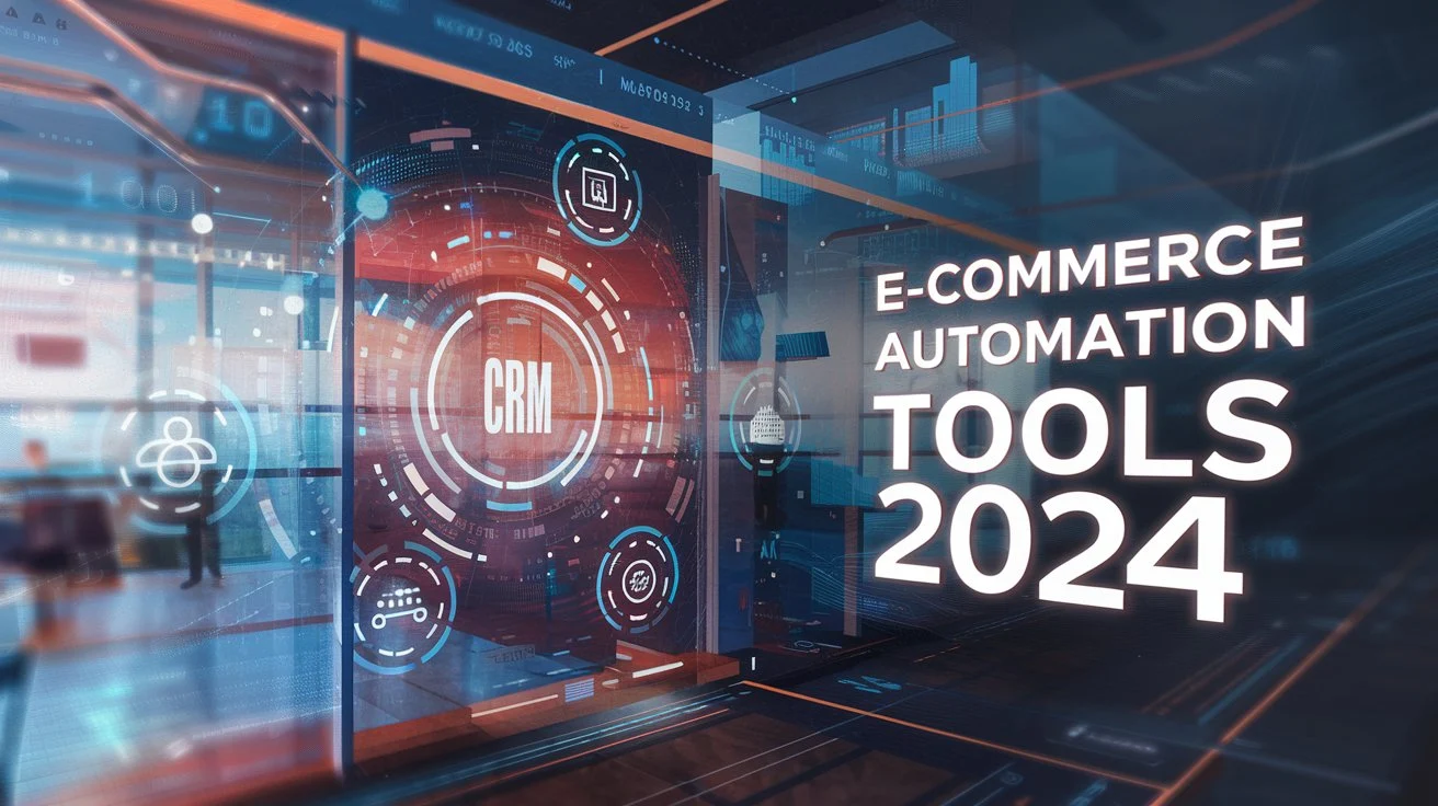 Futuristic e-commerce store with automation tools integrated, showing a busy digital storefront with bold title text 'E-commerce Automation Tools 2024'