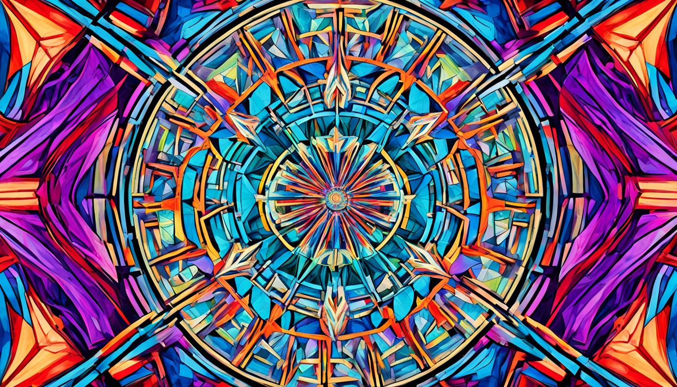 A kaleidoscope of colored lines and shapes converge at a central point, representing the various paths and strategies used to achieve manifestation goals.