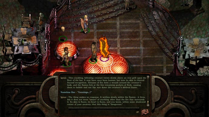 Yang Tanpa Nama sedang berbicara dengan Ignus, seorang penyihir yang terbakar dan benar-benar dibakar di atas panggangan, dalam Planescape Torment: Enhanced Edition.