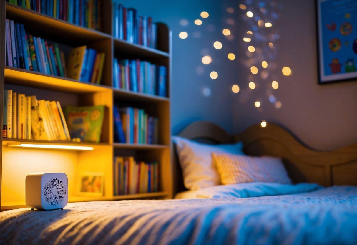 A child's bedroom with a cozy bed, dim lighting, and a small speaker playing soft, soothing music. A bookshelf filled with bedtime stories and a warm, comforting color scheme create a relaxing atmosphere