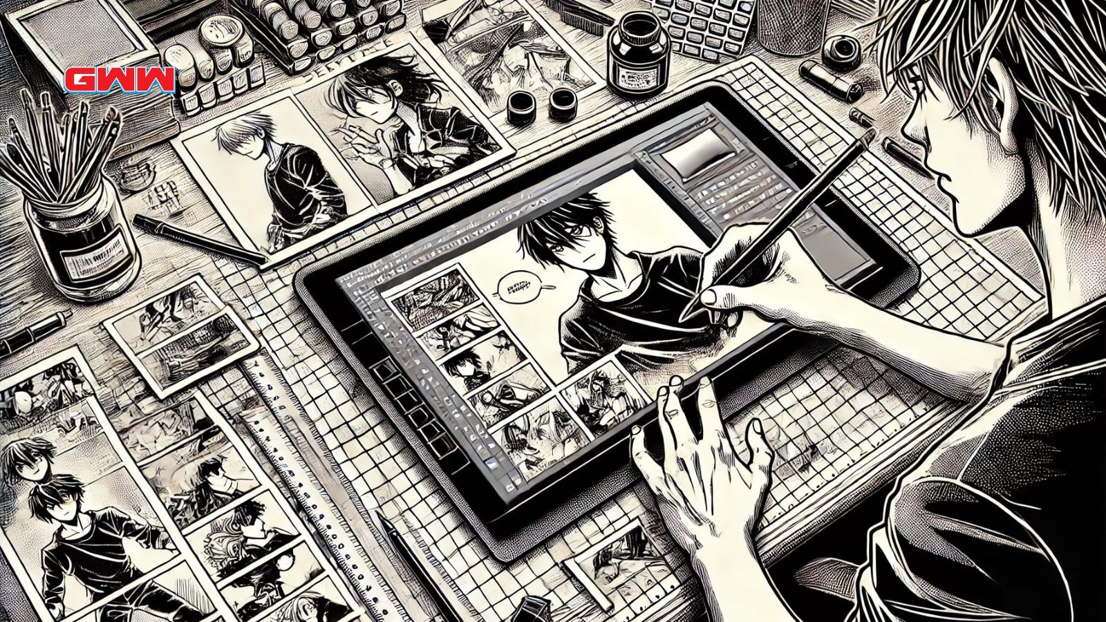 Manga artist refining panels on a tablet amidst tools and sketches.