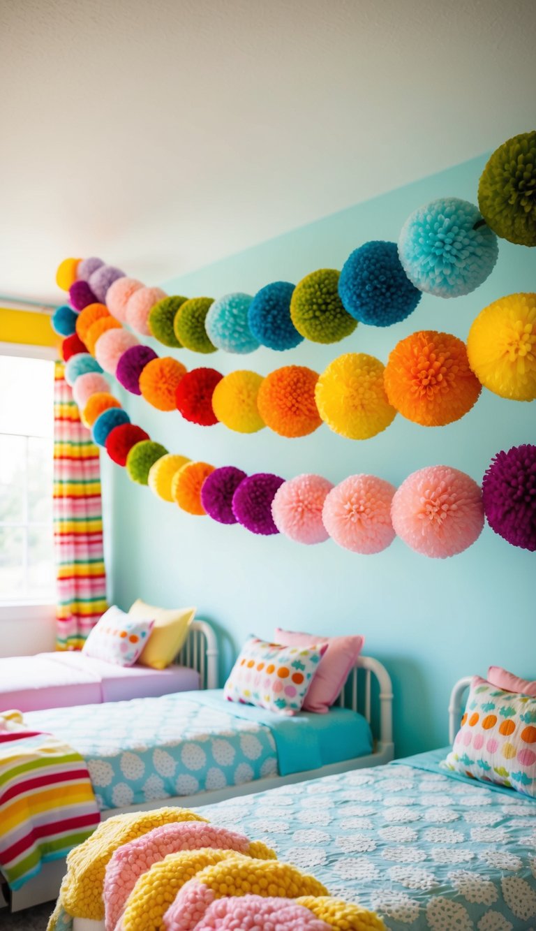 A colorful pom-pom garland hangs above a row of beds in a bright and playful kids' bedroom, adding a festive and whimsical touch to the space