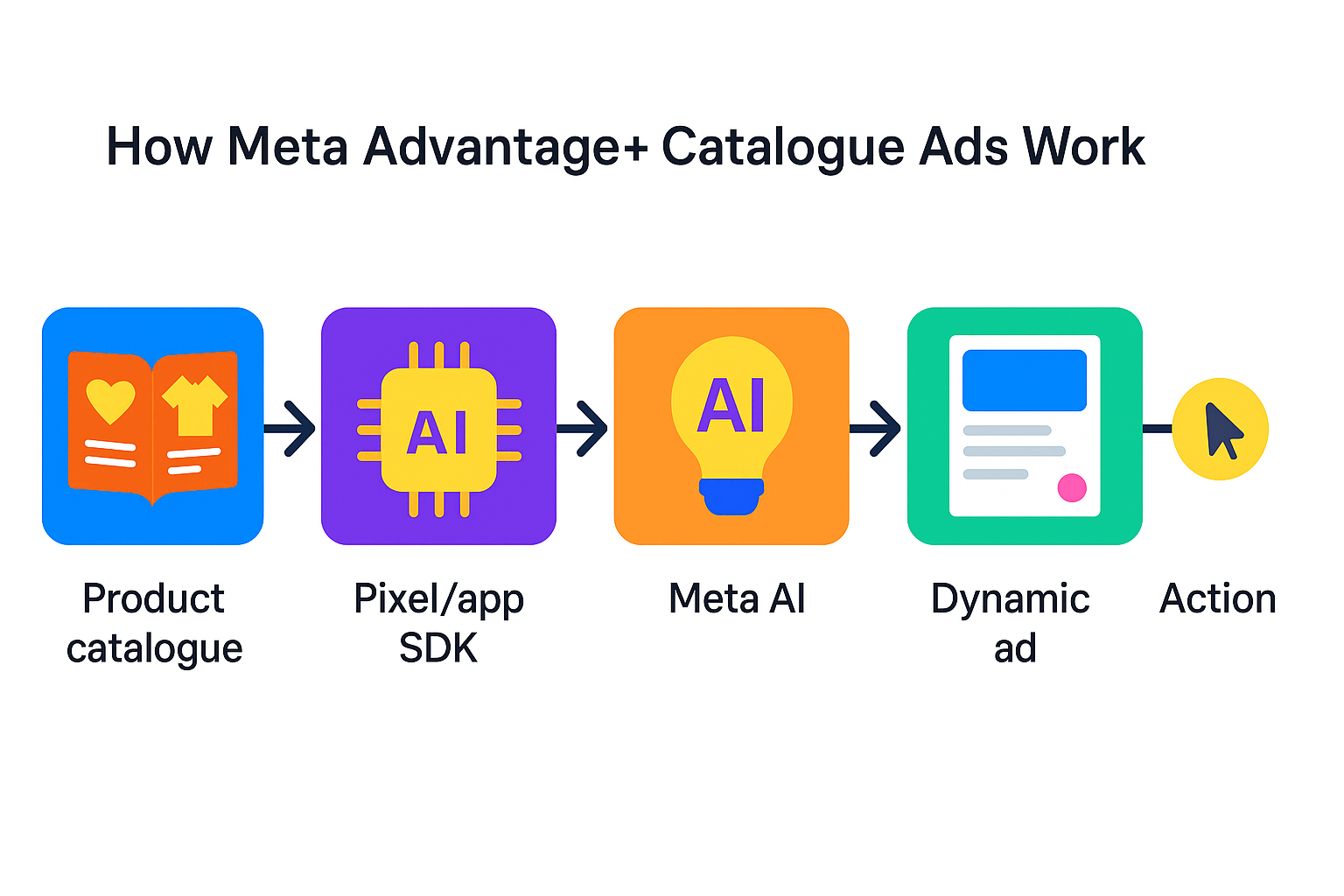 Horizontal infographic showing how Meta Advantage+ catalogue ads work, from product catalogue to user action, using colorful icons and arrows