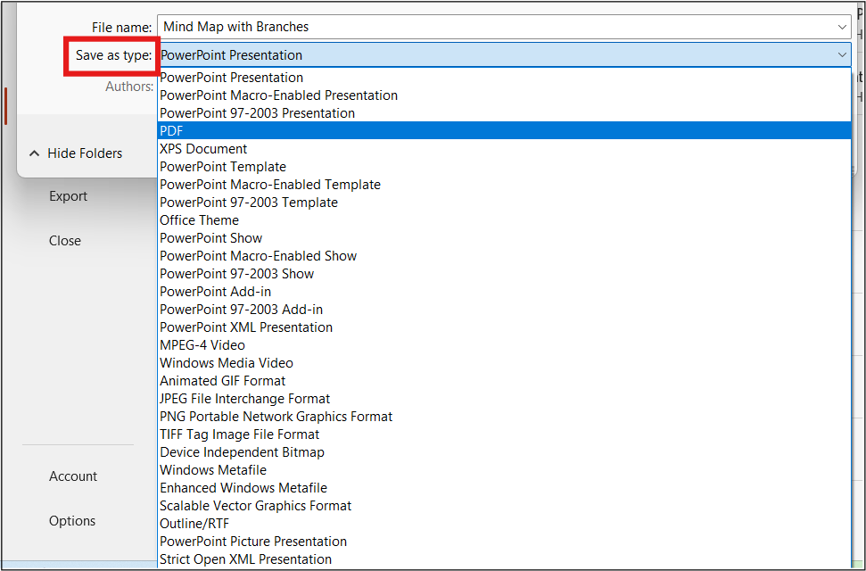 Save As Type: PDF Option in PowerPoint
