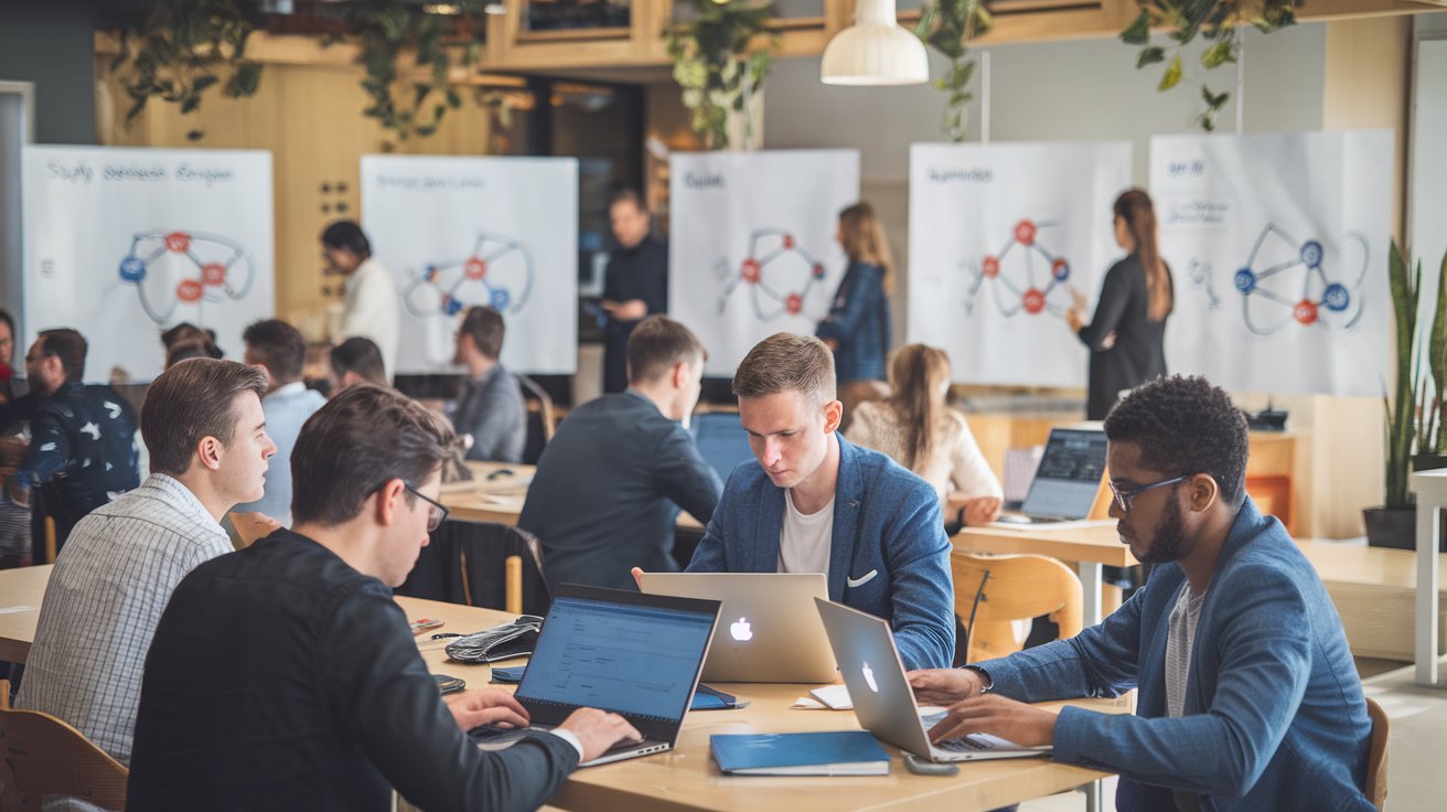 A collaborative workspace filled with diverse professionals working on laptops, discussing ideas, and engaging with visual presentations on whiteboards in the background. The scene highlights teamwork, innovation, and strategic planning in a modern, dynamic environment.