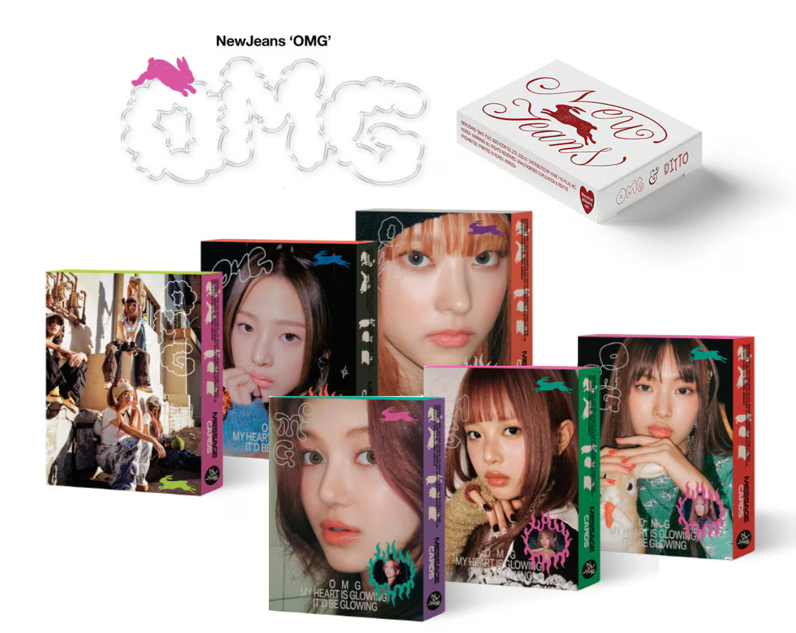 6 versions of the album packaging for NewJeans’ 2023 singles album. All versions are very similar but with slightly different contents, and have different covers. 5 of the covers are of the individual faces of the 5 members or NewJeans, and the last cover is of a group photo of them.