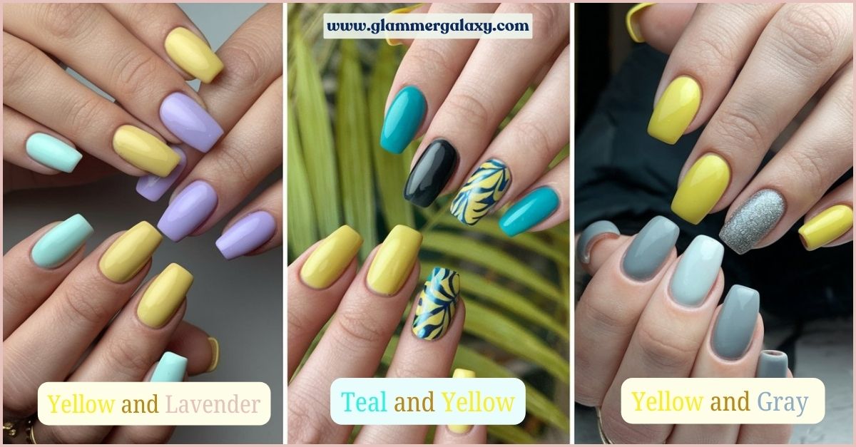 Three images of hands with yellow-themed nail art, labeled with color combinations: lavender, teal, and gray.