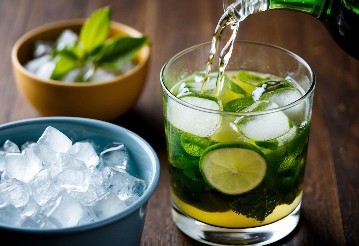 A glass filled with a mojito, ice cubes clinking as they are poured in, while crushed ice sits in a separate container