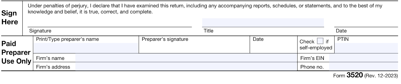 Screenshot of the signature portion at the bottom of Form 3520.