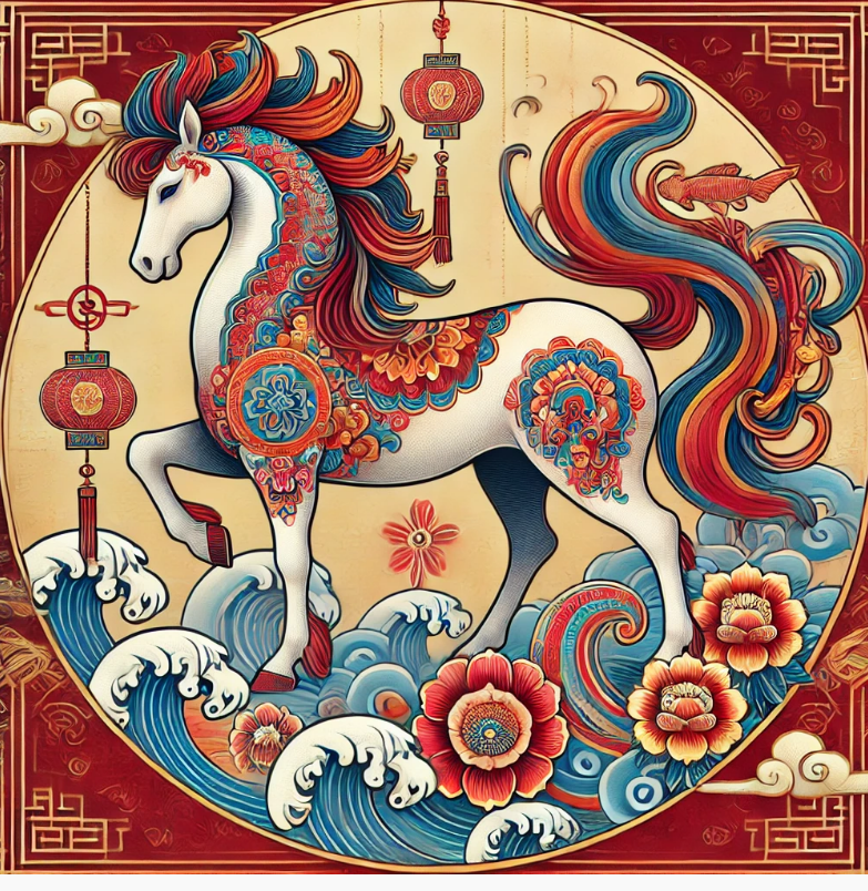 A vibrant Chinese-style horse with intricate patterns, standing poised and strong amidst clouds and flowers, symbolizing power and grace, with a red and gold motif background.