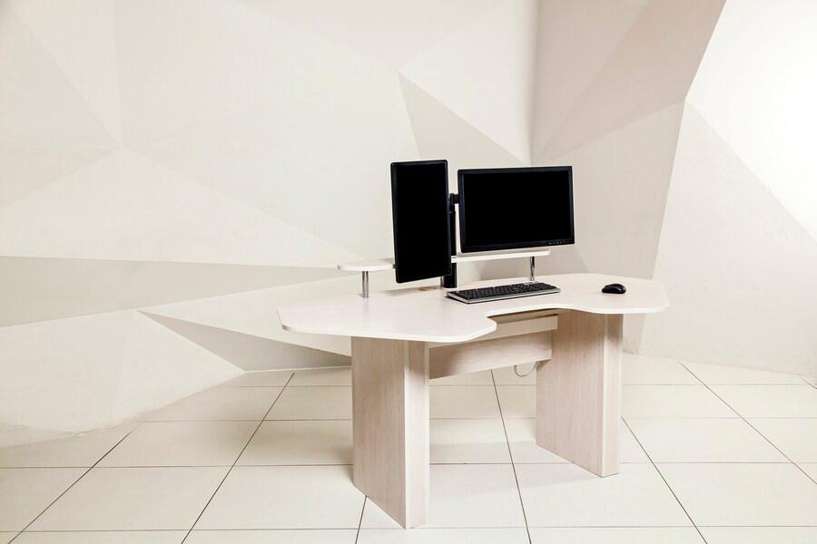 Standing desk setup in a quiet workspace