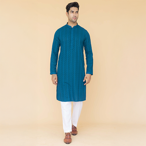 chikankari kurta pajama - firozi blue