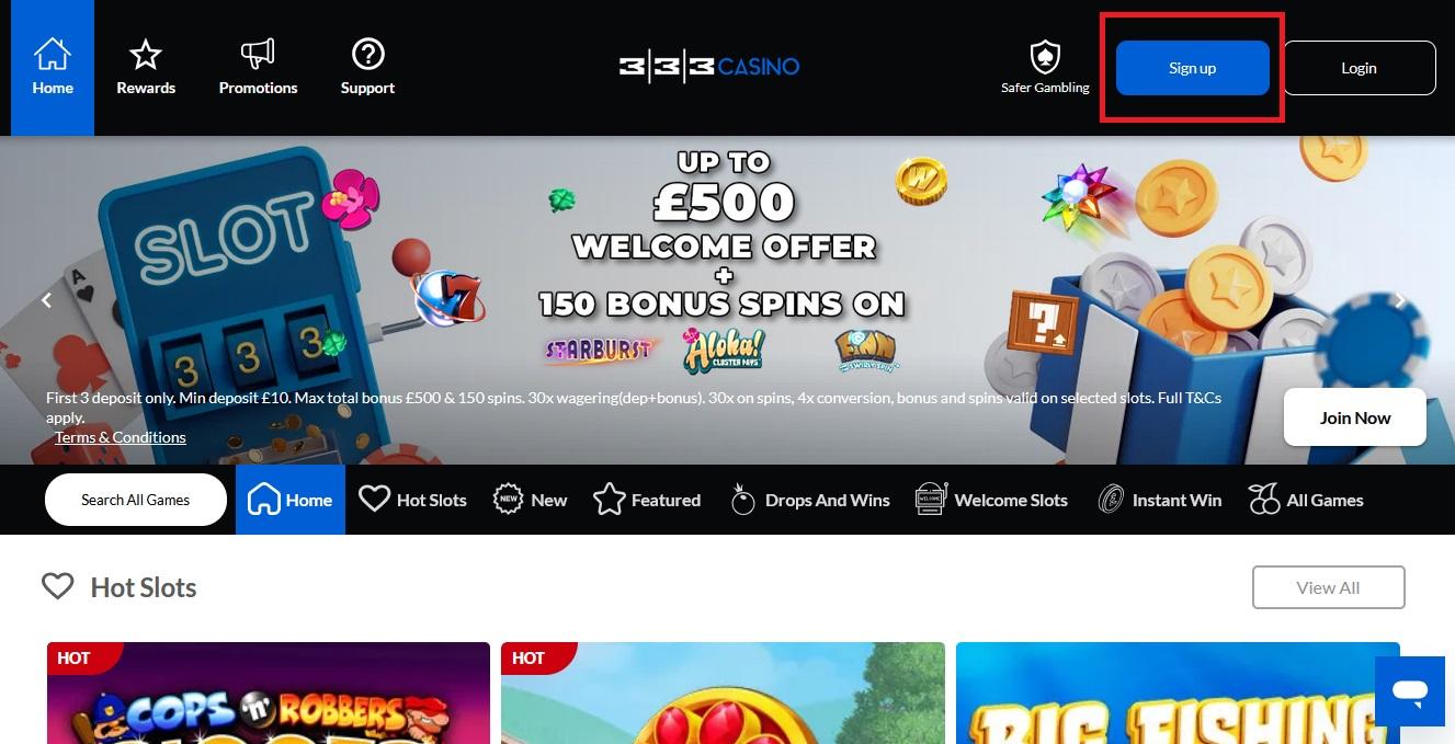 333 Casino sign up - step one