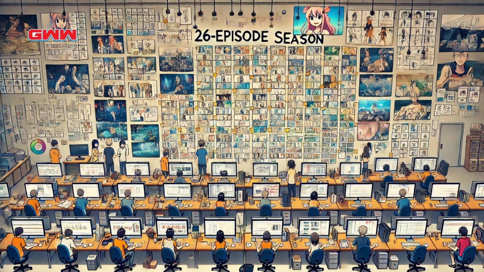 Organized animation studio planning a 26-episode anime season with storyboard walls.