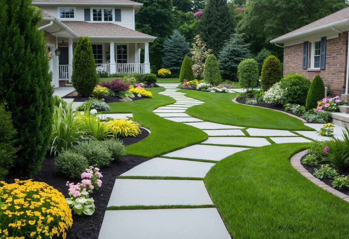 A front yard with various pathways and walkways winding through a well-maintained garden, featuring a mix of flowers, shrubs, and trees