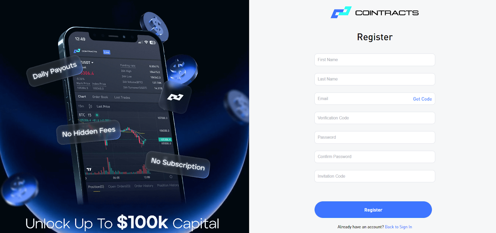 Crypto trader joining a funded crypto trading challenge on Cointracts platform

