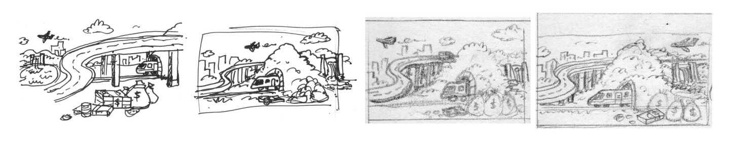 4 images of of a highway drawn using thumbnails but all with slightly different composition.