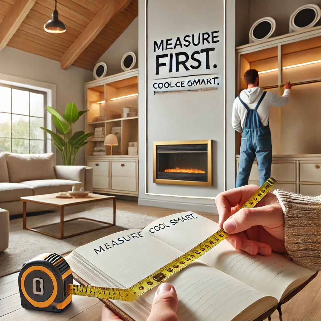 Person measuring a modern living room for air conditioner sizing with a tape measure and notebook.