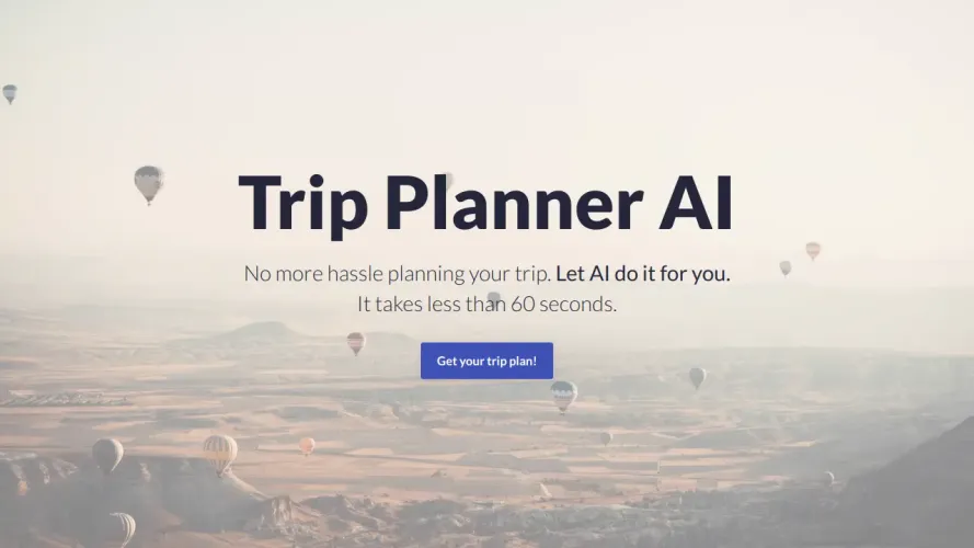 A website interface for an AI-powered trip planning tool, promising quick and easy trip planning in less than 60 seconds.