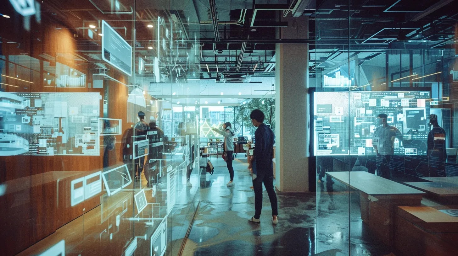 a dynamic urban office environment showcases professionals engaging with augmented reality devices, surrounded by interactive digital displays that vividly illustrate cutting-edge visual storytelling trends for brands.