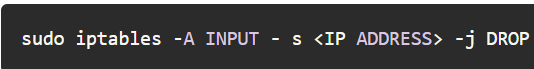 Alternative code to enter in Linux server to block an IP address.