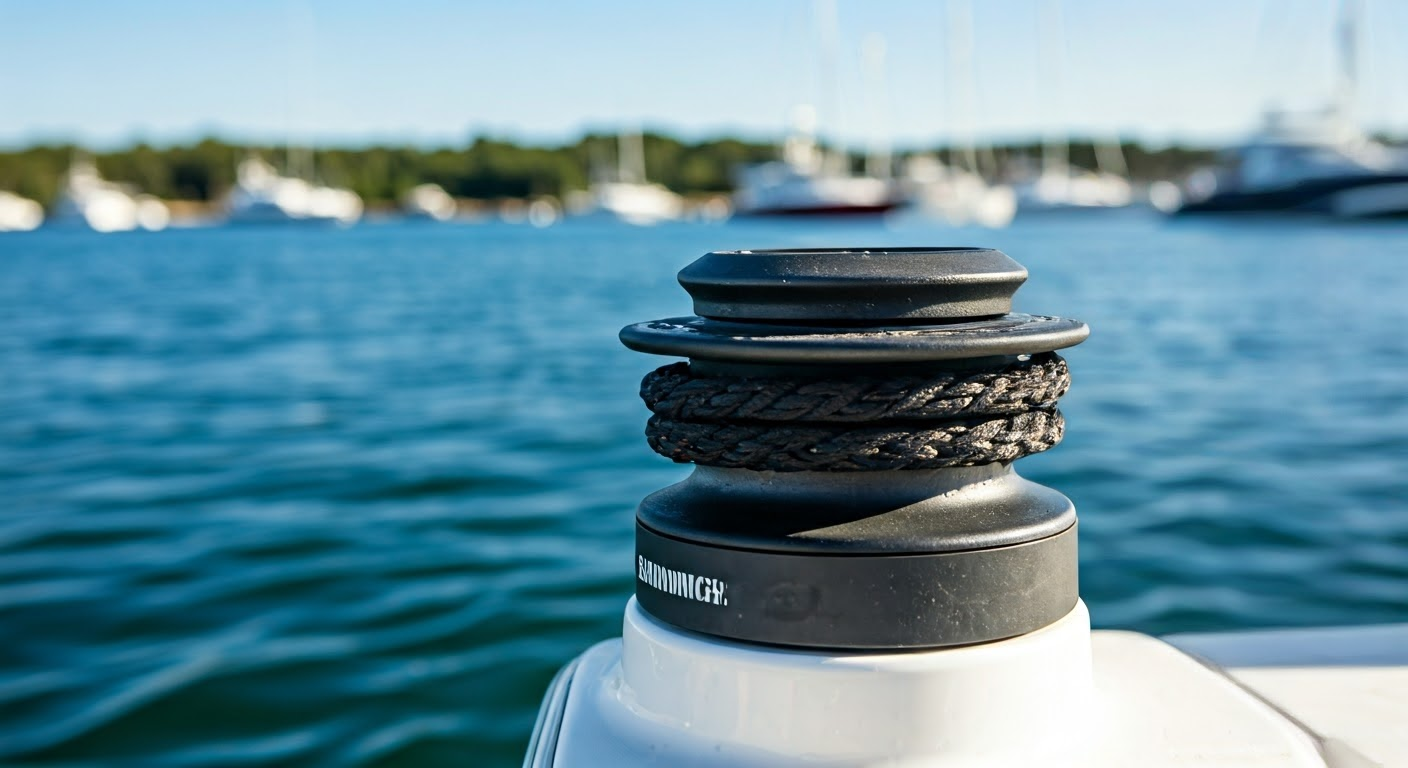 Close-up of Savwinch drum winch on boat.