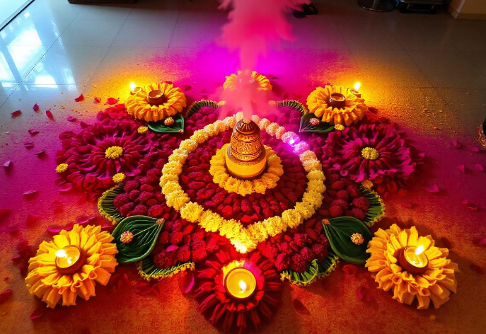 onam pookalam drawing