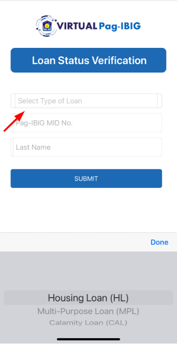 select type of loan status on verification page