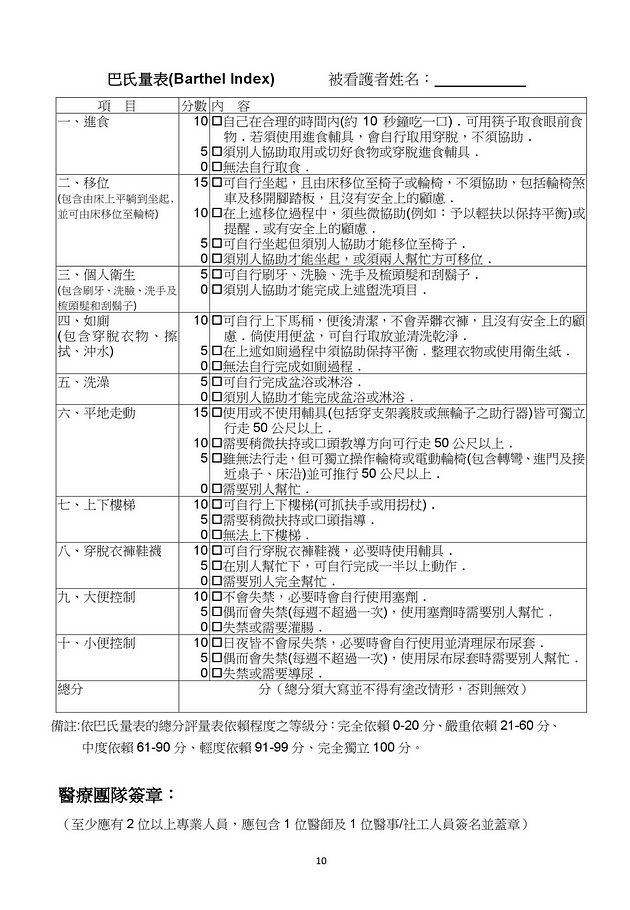 巴氏量表開立費用