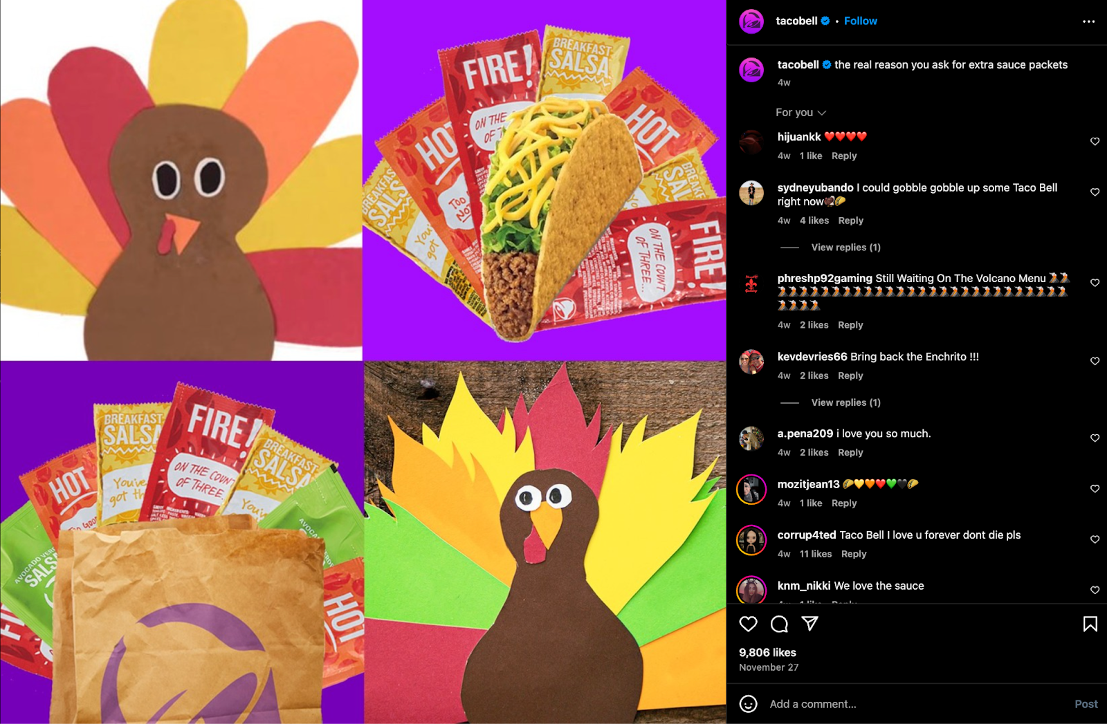 Screenshot of Taco Bell's Thanksgiving-themed Instagram post featuring sauce packets arranged like turkey feathers. The caption reads: 'The real reason you ask for extra sauce packets.' The post combines humorous imagery with a witty caption, generating playful engagement from the audience.