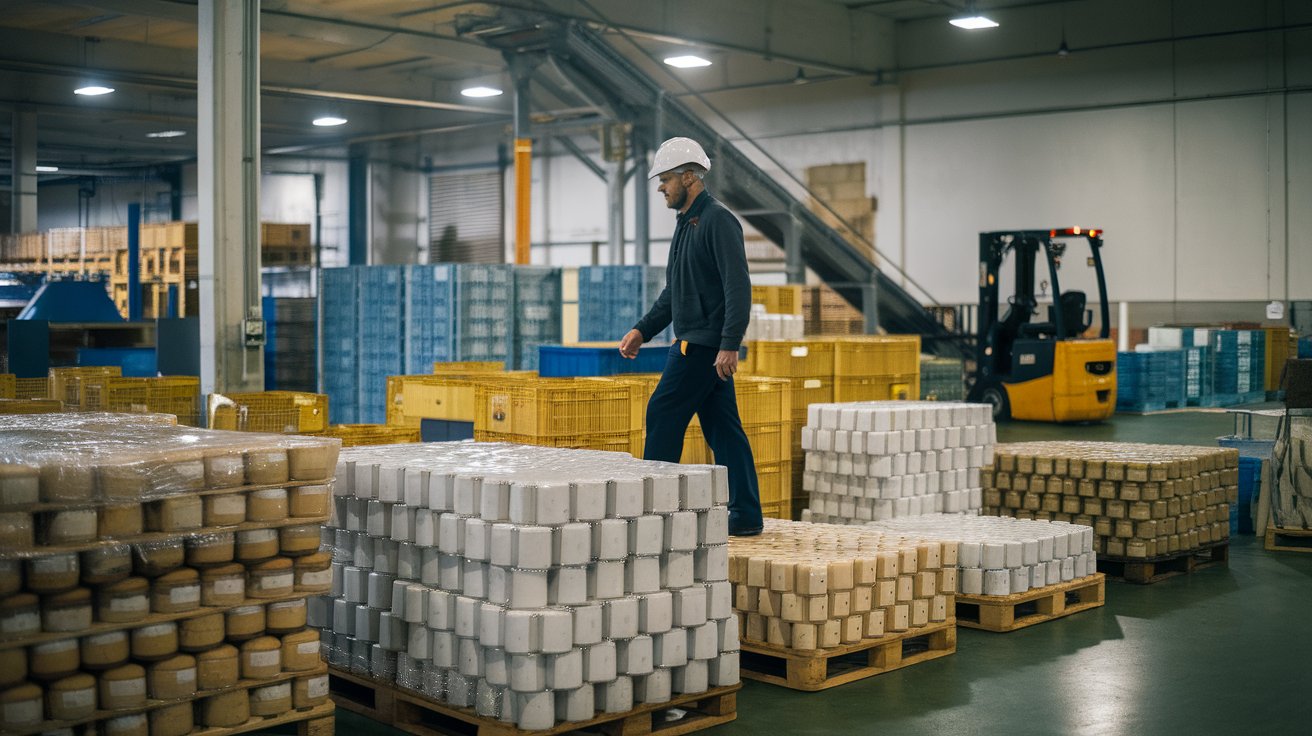 A worker wearing a hard hat inspects stacks of palletized goods in a well-lit warehouse. The scene features organized storage, industrial equipment, and a forklift in the background, showcasing efficient inventory management and quality control