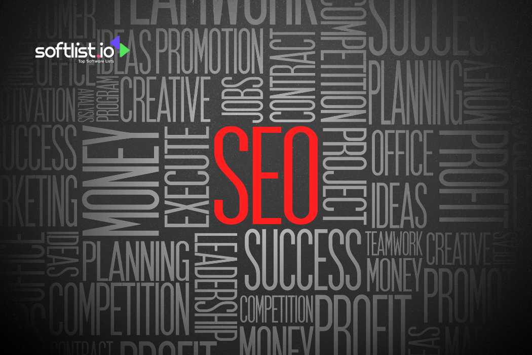 Red SEO text on a dark background with related terms.