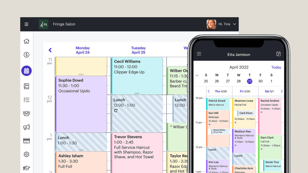 Screenshots of Schedulicity's desktop calendar view and mobile calendar view.