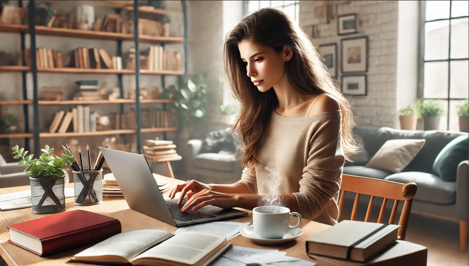 A woman writing a query letter on her laptop.