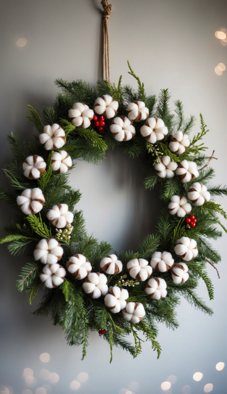 A wreath made of natural cotton bolls, intertwined with greenery and adorned with festive accents