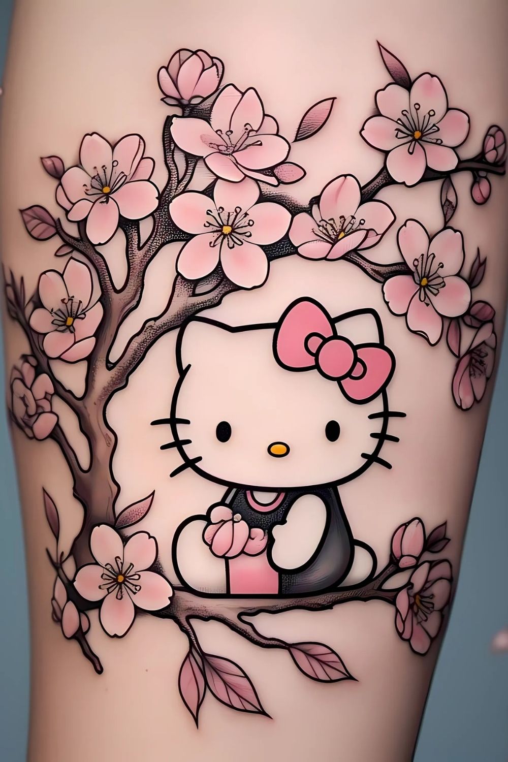 Hello Kitty Sitting Under Cherry Blossoms Tattoo