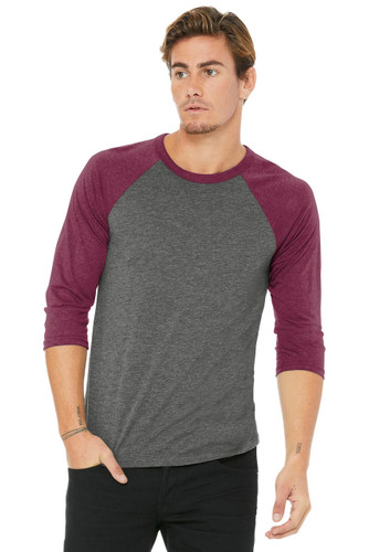 BELLA+CANVAS Unisex 3/4-Sleeve Baseball Tee featuring contrast raglan sleeves and neck trim for a trendy look.