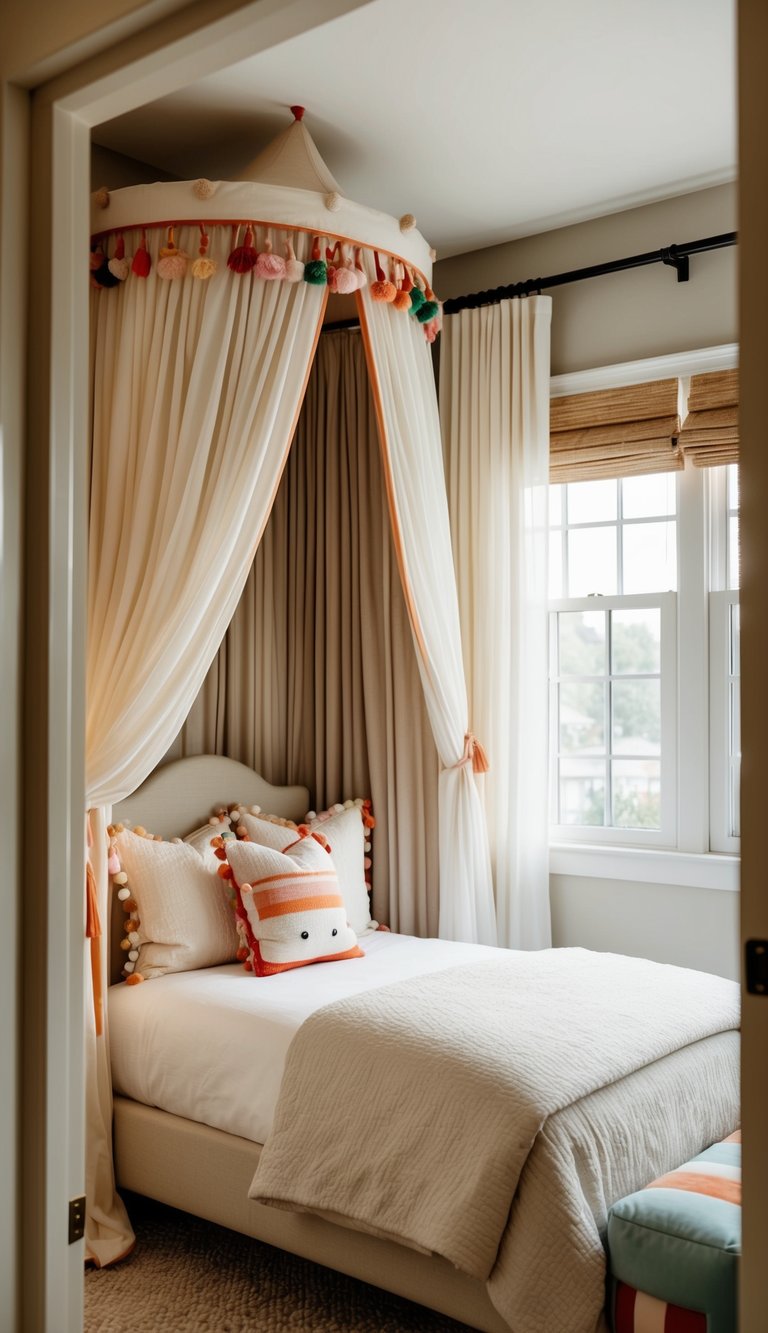 A cozy kids' bedroom with a canopy bed featuring flowing curtains, soft lighting, and playful decor