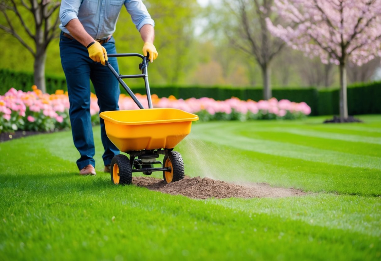 A person spreading fertilizer on a lush green lawn surrounded by blooming flowers and budding trees